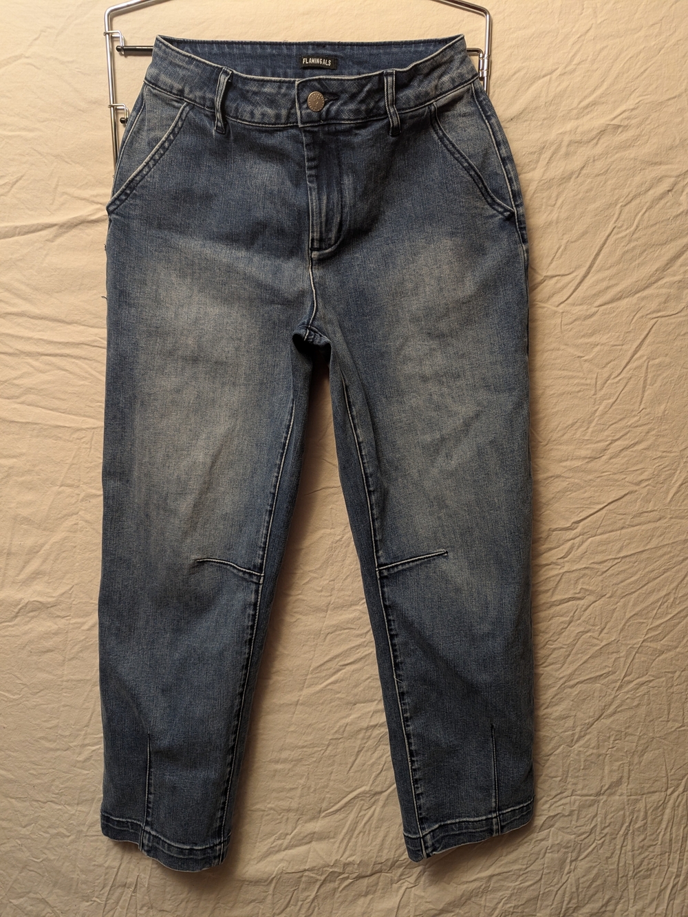 Flamingals Wash Stitch Detail Mid Rise Barrel Leg Crop Jeans Blue Small